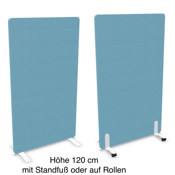 Vario Stellwand 120 cm auf Standfuß oder Rollen gepolstert in Stoff mit runden Ecken