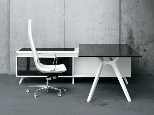 frezza DR Executive Schreibtisch mit Sideboard weiß und Glasplatte schwarz