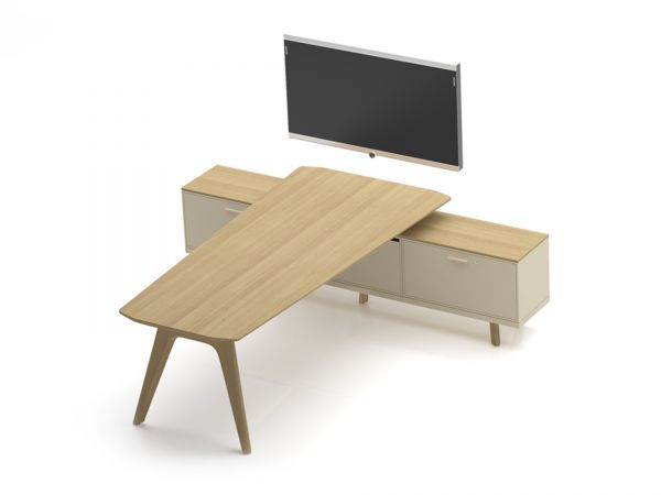 Bralco RAIL Meeting-Point mit Holztisch in Eiche furniert und Sideboard
