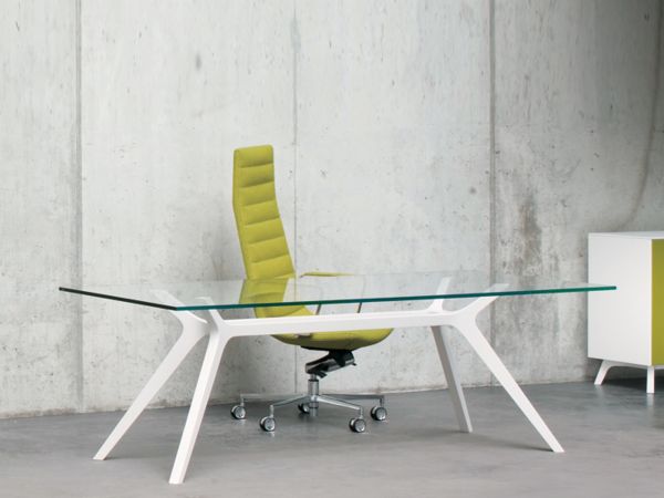 frezza DR Executive Schreibtisch 210x100 cm mit Glasplatte und Holzgestell lackiert weiß