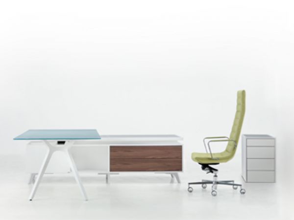 frezza DR Executive Schreibtisch mit Sideboard weiß/nussbaum und Glasplatte